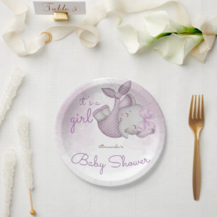 It's a girl elephant baby girl shower paper plate