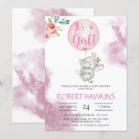 It's a Girl, Elephant Balloon Baby Shower Invitati