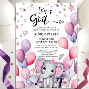 It's a Girl Elephant Pink Balloons Baby Shower Invitation