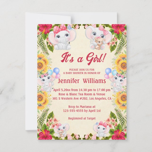 its a girl,elephants tropical pink baby shower invitation (Front)
