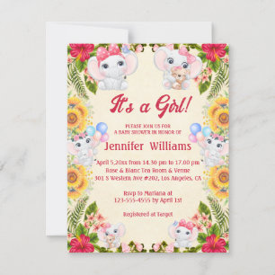its a girl,elephants tropical pink baby shower invitation