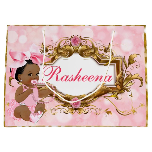 It's a Girl Ethnic Baby Girl Pink Bow & Pearls Large Gift Bag (Front)