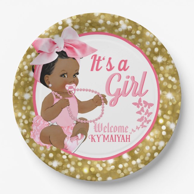 It's a Girl Ethnic| Pink and Gold Glitter Elegant Paper Plate (Front)