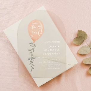 Its A Girl Eucalyptus Greenery Balloon Baby Shower Acrylic Invitations