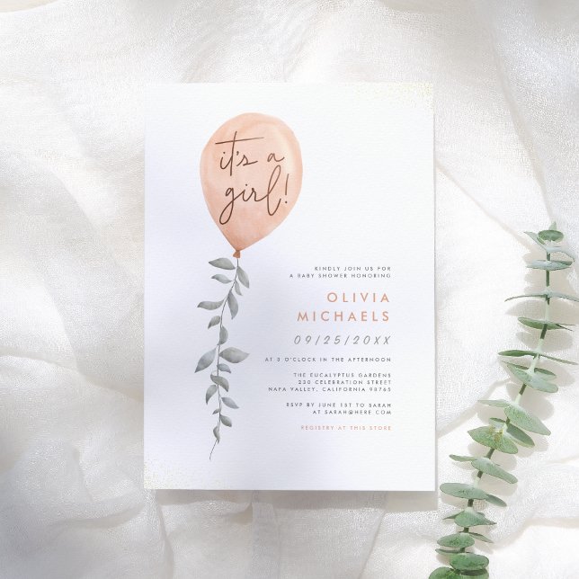 Its A Girl Eucalyptus Greenery Balloon Baby Shower Invitation (Creator Uploaded)