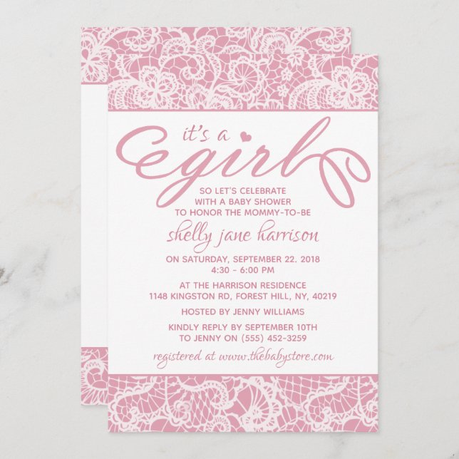 It's a Girl! Fancy Pink & White Lace Baby Shower Invitation (Front/Back)