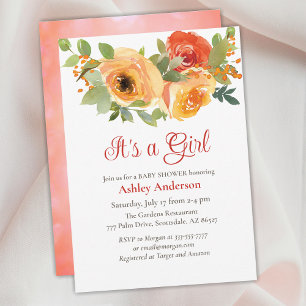 It's a Girl, Fancy Script, Roses, Baby Shower Invitation