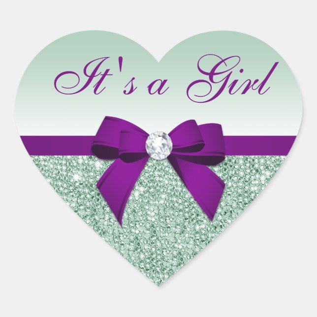 It's a Girl Faux Mint Sequins Purple Bow Heart Sticker (Front)