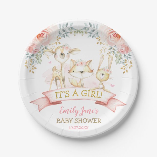 It's a Girl | Feminine Blush Floral Woodland Baby Paper Plate (Front)