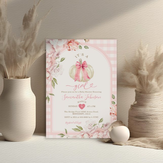 It's A Girl Floral Blush Pink Gingham Baby Shower Invitation (Creator Uploaded)
