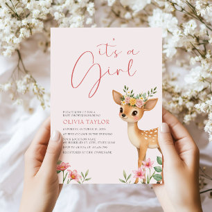 It's A Girl Floral Deer Baby Girl Shower Invitation