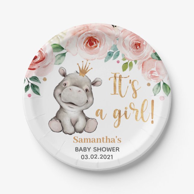 It's a Girl! Floral Hippo Baby Shower Paper Plate (Front)