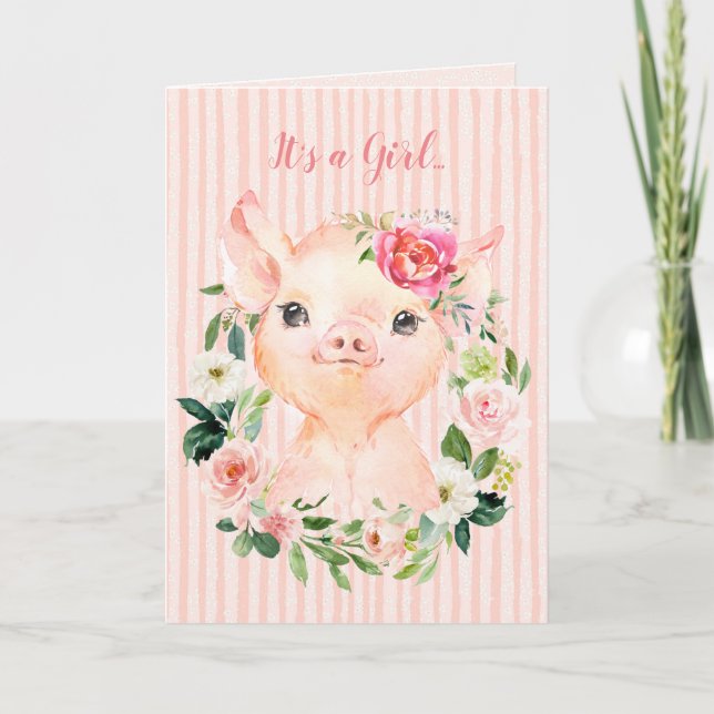 It's a Girl Floral Pig Baby Shower Card (Front)