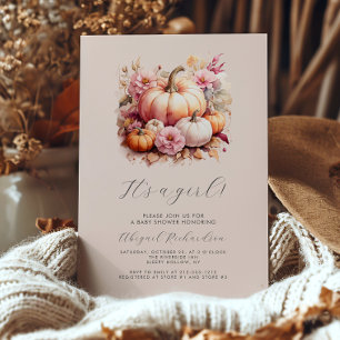 It's a Girl Floral Pumpkins Blush Fall Baby Shower Invitation