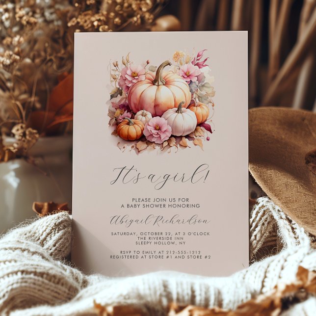 It's a Girl Floral Pumpkins Blush Fall Baby Shower Invitation (Creator Uploaded)