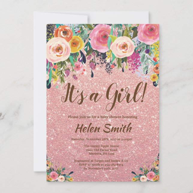 It's A Girl Floral Rose Gold Glitter Baby Shower Invitation (Front)