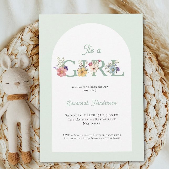 It's a Girl Floral Soft Green Baby Shower Invitation (Creator Uploaded)