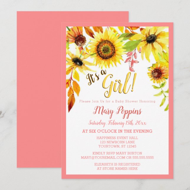 It's a Girl Floral Sunflower Garden Baby Shower Invitation (Front/Back)