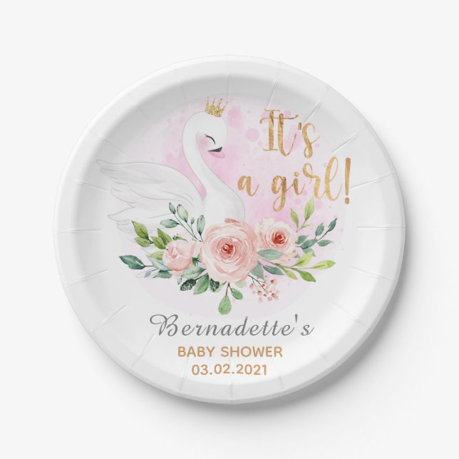 It's a Girl! Floral Swan Baby Shower Paper Plate (Front)