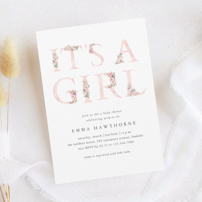 It's A Girl Floral Typography Pink Baby Shower Invitation (Elegant Pink Floral Typography It's A Girl Baby Shower Invitation.)