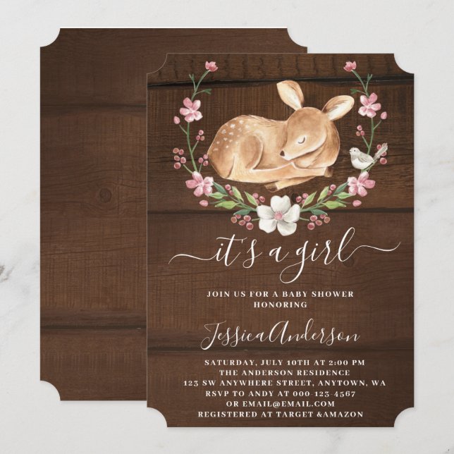 It's A Girl Floral Woodland Baby Deer Baby Shower Invitation (Front/Back)