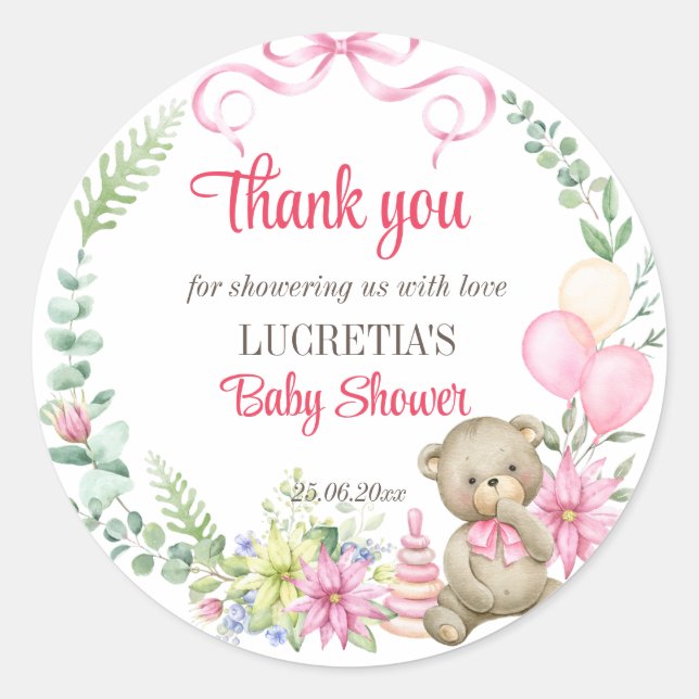 It's a girl floral wreath baby shower thank you fa classic round sticker (Front)