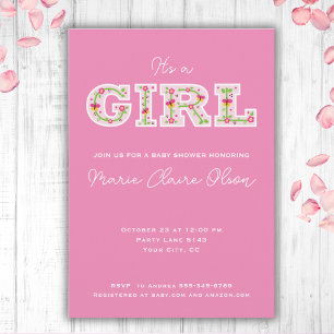 it's a girl, flowers and butterflies baby shower invitation
