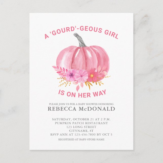 It's a Girl Fun Pun Pink Pumpkin Baby Girl Shower Postcard (Front)