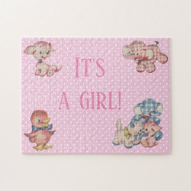 It's a Girl Gender Reveal Surprise Pink Jigsaw Puzzle (Horizontal)