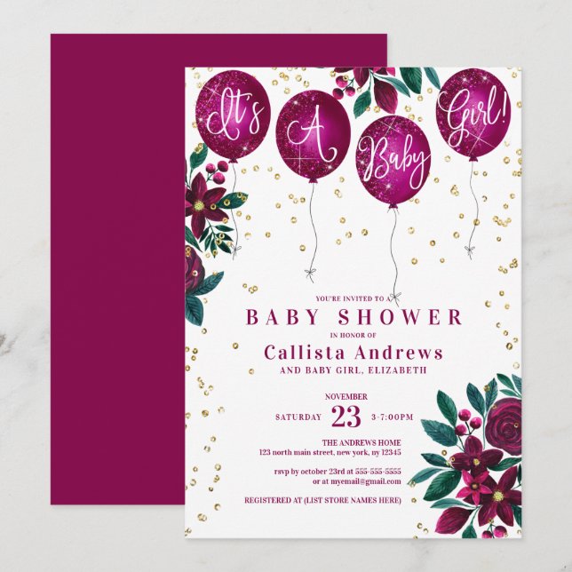 It's a Girl Glitter Balloons Floral Baby Shower Invitation (Front/Back)