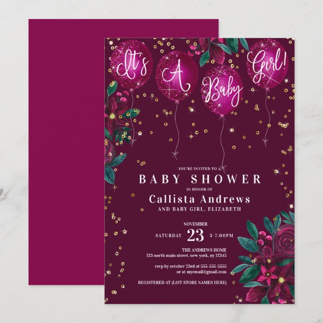 It's a Girl Glitter Balloons Floral Baby Shower Invitation (Front/Back)