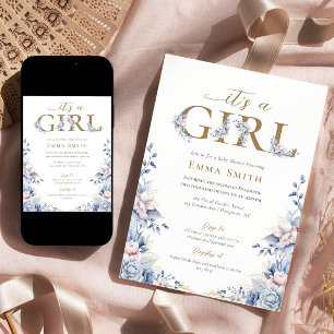 It's a Girl Gold Blue roses Baby Shower Invitation