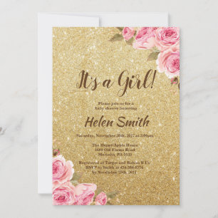 It's A Girl Gold Glitter Floral Baby Shower Invitation