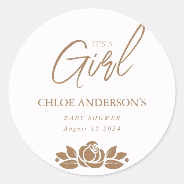Its A Girl Gold White Floral Baby Shower Classic Round Sticker (Front)