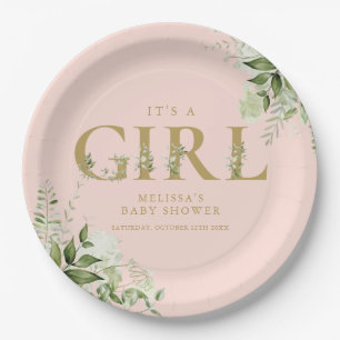 Its A Girl Greenery Blush Pink Gold Baby Shower Paper Plate