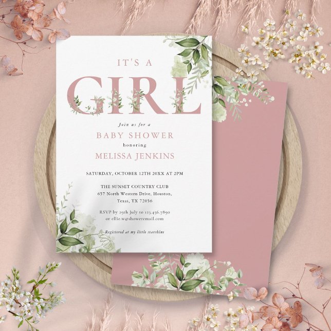 Its A Girl Greenery Dusty Rose Letter Baby Shower Invitation (Its A Girl Greenery Dusty Rose Letter Baby Shower Invitation)