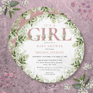 Its A Girl Greenery Dusty Rose Letter Baby Shower Invitation