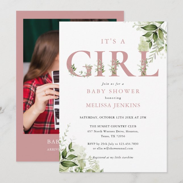 Its A Girl Greenery Dusty Rose Photo Baby Shower Invitation (Front/Back)