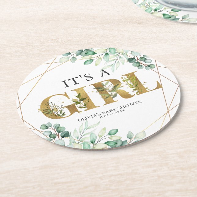 Its a Girl Greenery Eucalyptus Gold Baby Shower Round Paper Coaster (Angled)