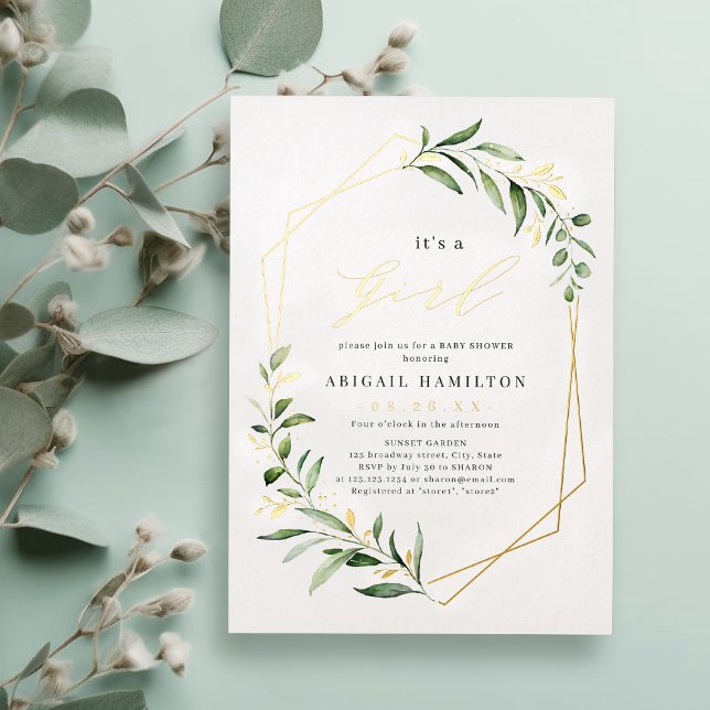 It's a Girl Greenery Gold Geometric Baby Shower  (It's a Girl Greenery Gold Geometric Baby Shower Fo Foil Invitation)