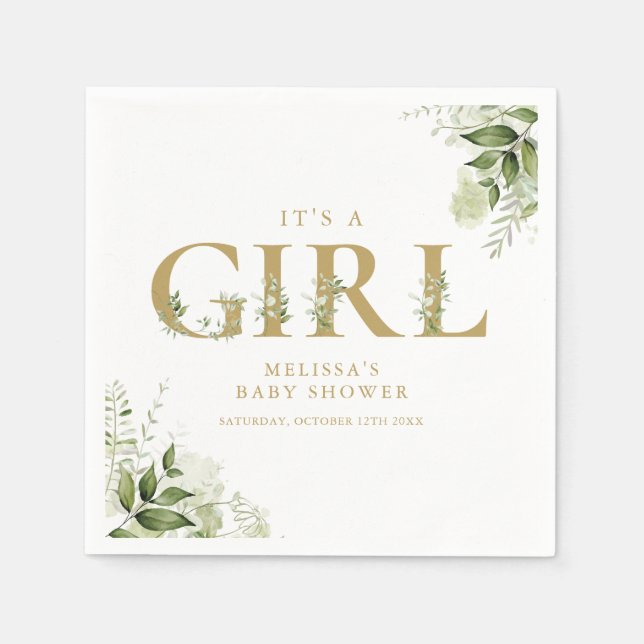 Its A Girl Greenery Gold Letter Baby Shower Napkin (Front)