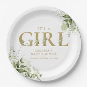 Its A Girl Greenery Gold Letter Baby Shower Paper Plate