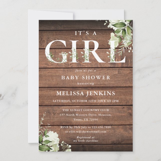 Its A Girl Greenery Letter Rustic Wood Baby Shower Invitation (Front)