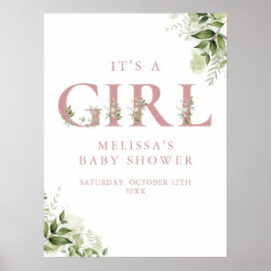 Its A Girl Greenery Pink Baby Shower Sign