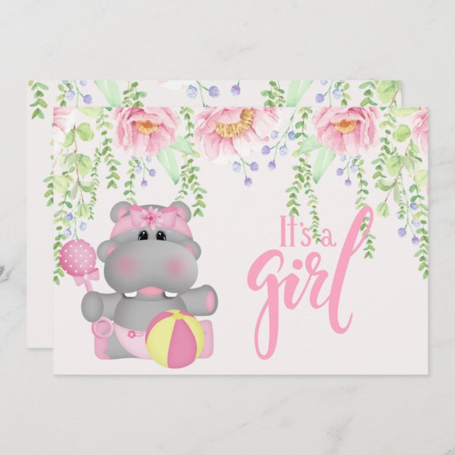 It's a Girl Hippo Floral Baby Shower Invitation (Front/Back)