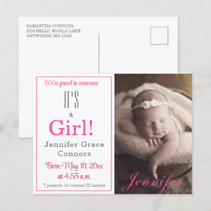 It's a Girl! Hot Pink Baby Birth Announcement Postcard