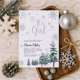 It's a Girl invitation, silver winter baby shower Invitation