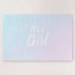 It's a Girl, It's a Boy baby shower gender reveal  Jigsaw Puzzle<br><div class="desc">It's a Girl, It's a Boy baby shower gender reveal jigsaw puzzle. guessing game, boy or girl? Half side is light pink, half side is light blue, colours blend at the centre area where there is a text that reveals the gender of the baby. check the collection for more options...</div>