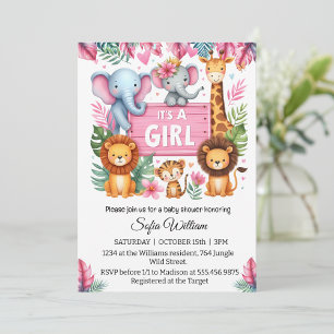 It's a girl jungle safari animals baby girl shower invitation