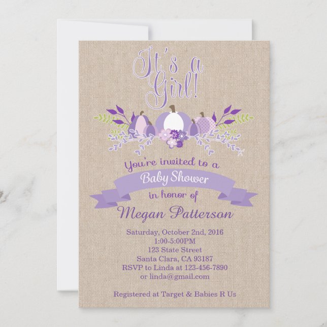 It's a Girl- Lavender Pumpkins Baby Shower Invite (Front)
